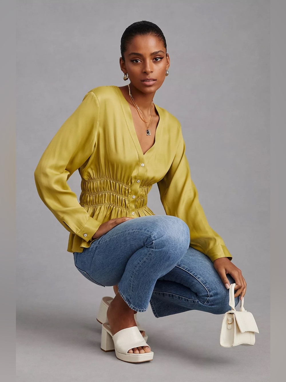 Anthropologie | Satin V-Neck Peplum Blouse Size Small